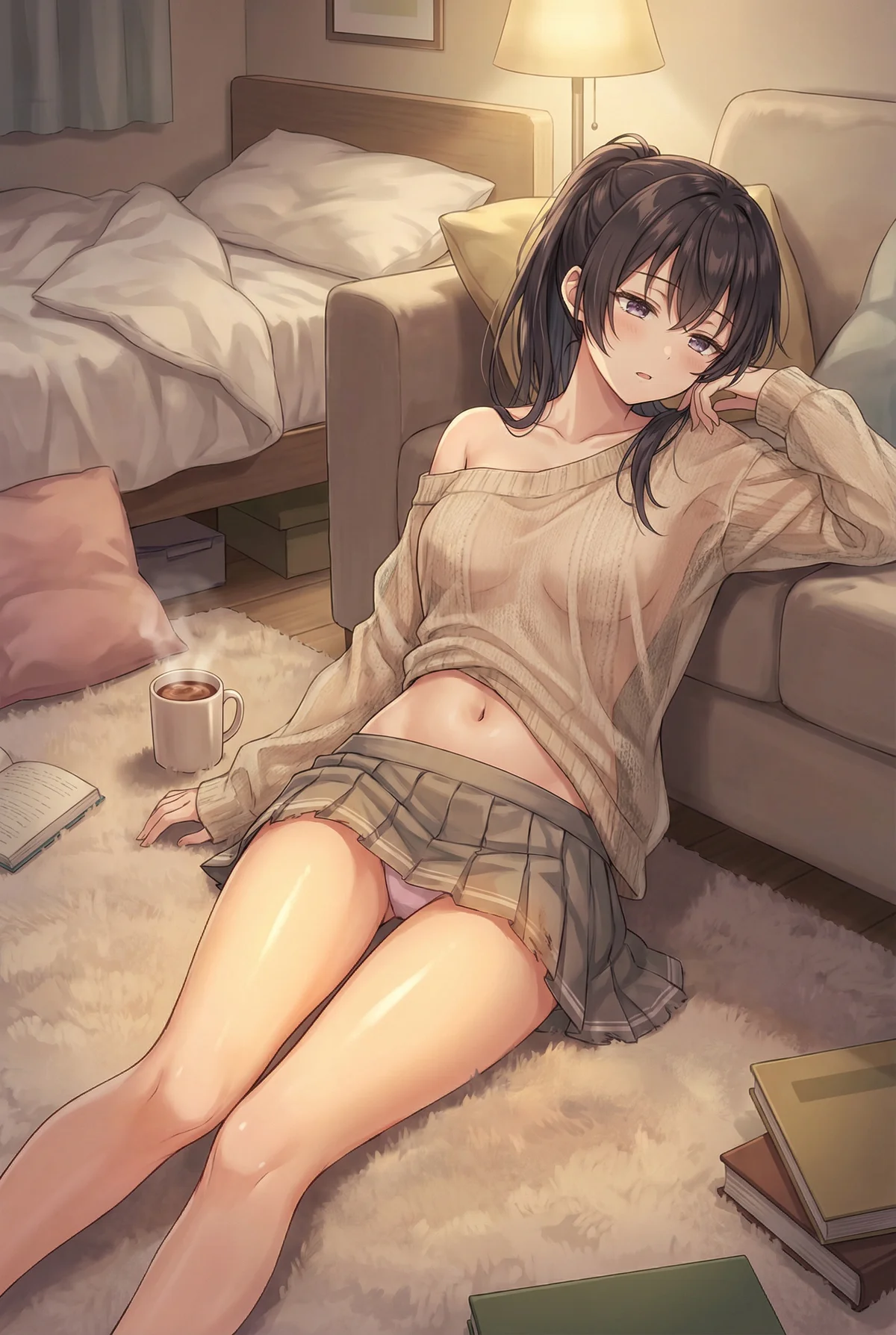 「ロシア語でデレる隣のアーリャさん」の周防有希が、部屋で魅せるくつろぎのひととき。透け感のあるセーターとミニスカート姿で、湯気の立つマグカップを傍らに、どこかけだるげな表情が魅力的です。