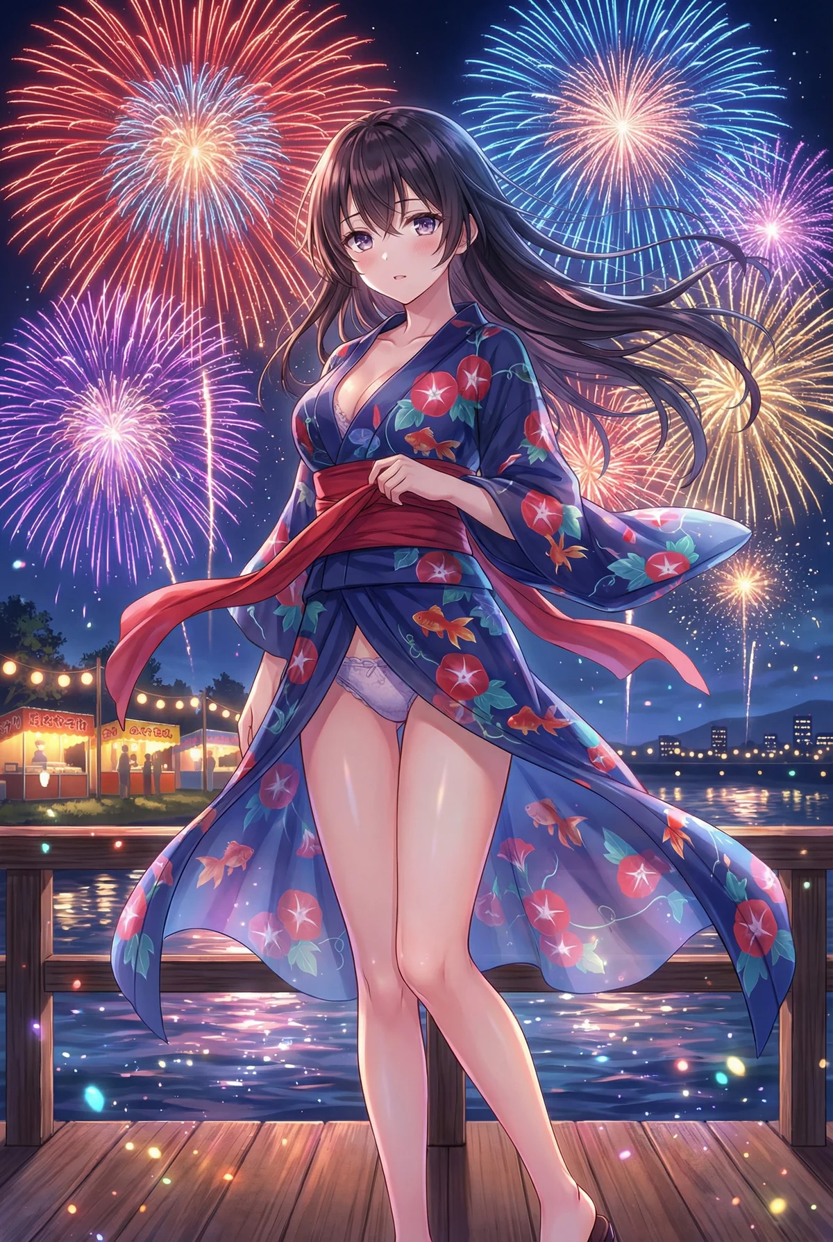 『ロシア語でデレる隣のアーリャさん』周防 有希が、夜空の花火の下、夏の風物詩である浴衣姿で魅了。涼やかな柄と優雅な装いが、祭りの夜を一層華やかに彩ります。