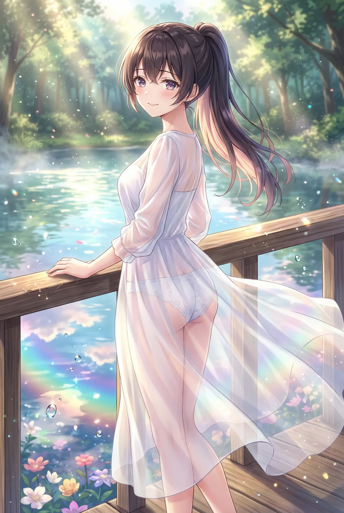 Yuki Suou from 'Alya Sometimes Hides Her Feelings in Russian' stands by a magical waterside. Her sheer white dress reveals innerwear, adorned by a rainbow and flowers. A truly dreamy scene.