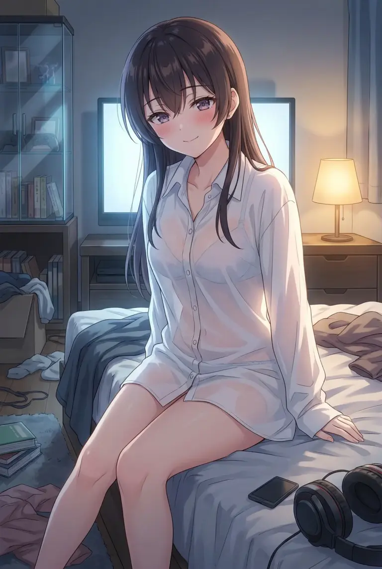 【周防 有希】部屋着でベッド、少しはにかむ笑顔。