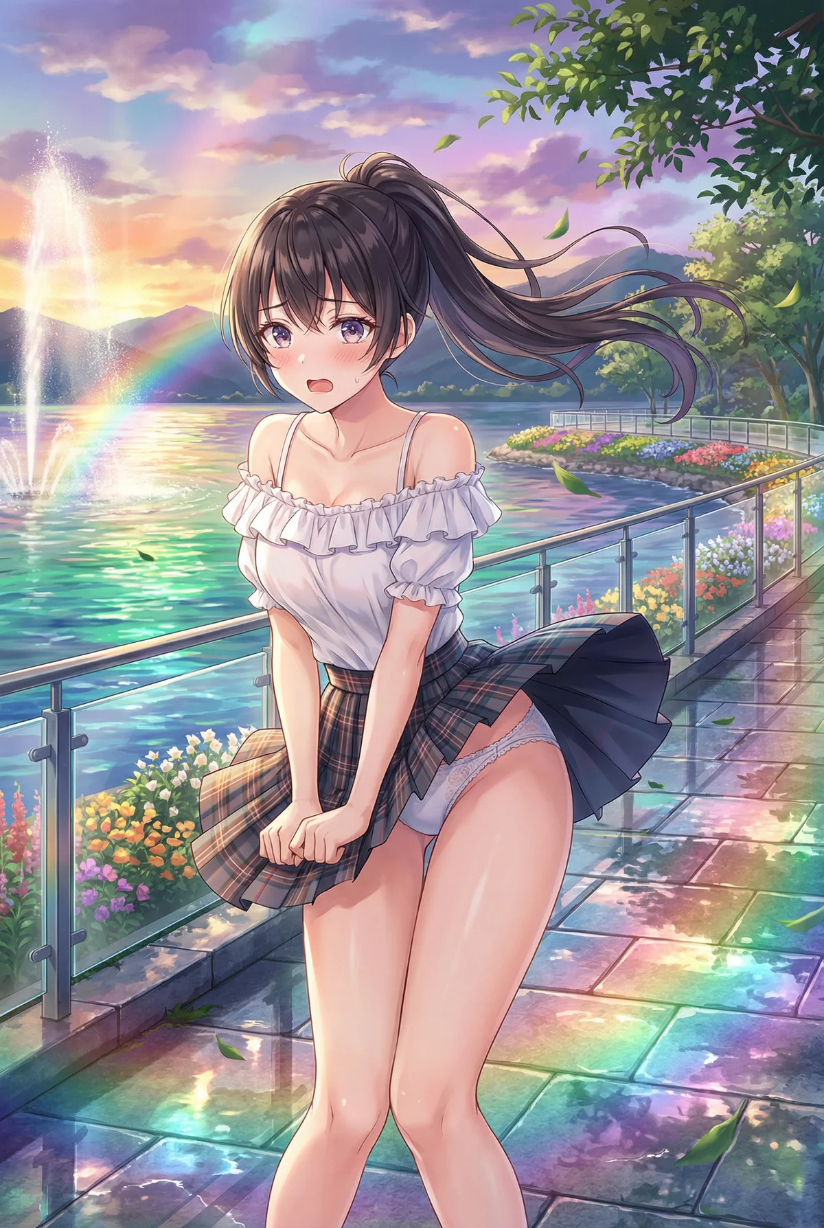 『ロシデレ』の周防有希が、夕焼けと虹が美しい湖畔で風にスカートを翻され、焦る姿。彼女のキュートな反応と夕景が魅力的な一枚。