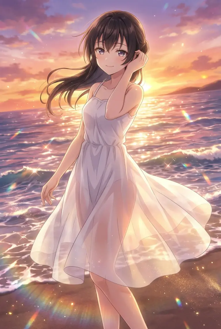 【周防有希】夕焼けの渚に佇む白いドレスの有希