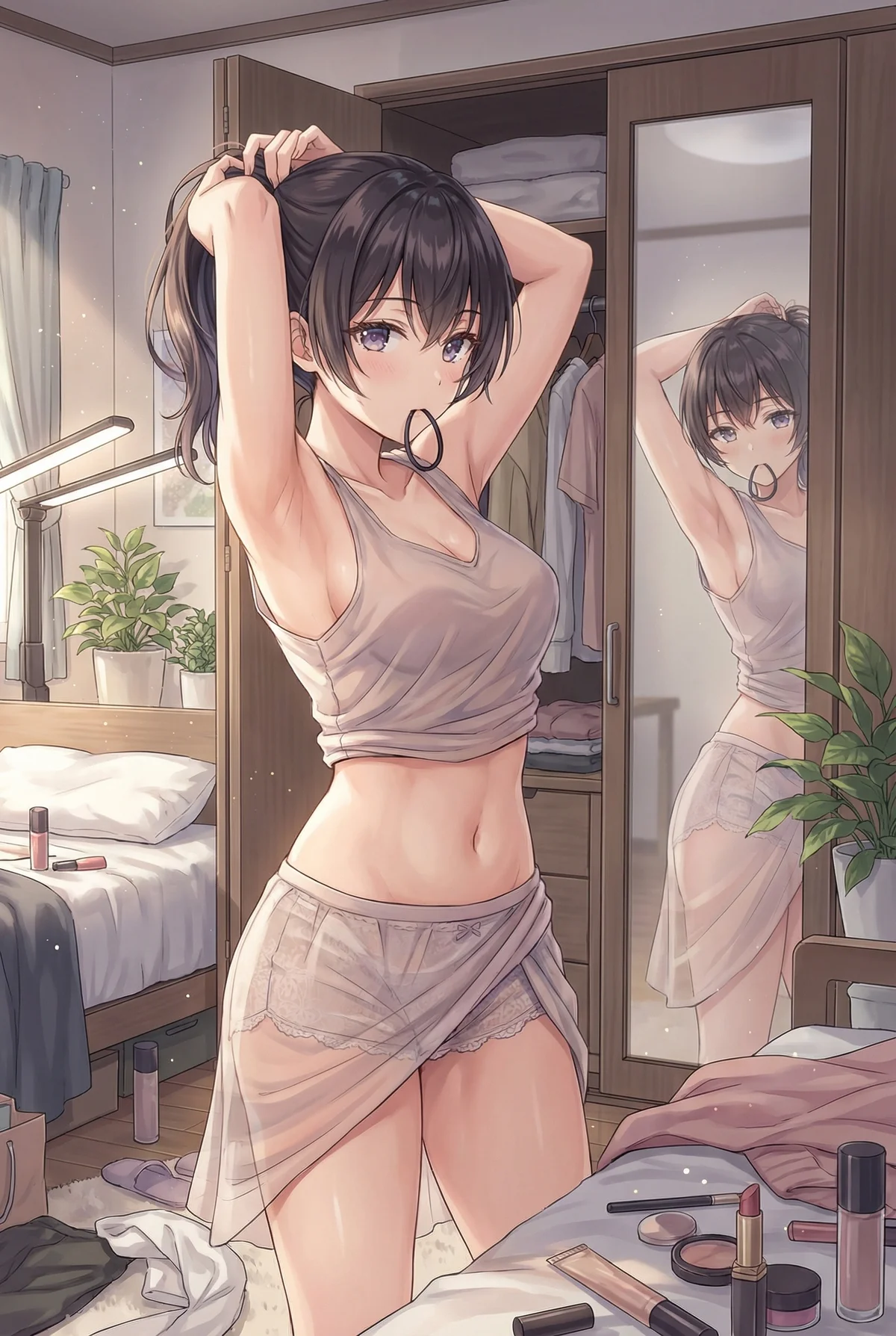 「ロシア語でデレる隣のアーリャさん」の周防 有希が、部屋で髪を結び直している一コマ。口にヘアゴムをくわえ、鏡に映るリラックスした表情がとても可愛らしい。日常感あふれるルームウェア姿が魅力的です。