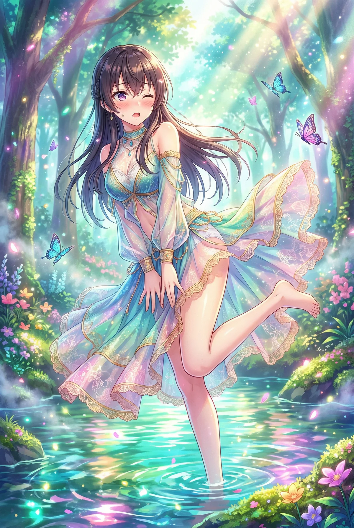 周防有希が、神秘的な森の泉に足を踏み入れ、エメラルドグリーンの妖精ドレスをまとい微笑む姿。きらめく光と舞い飛ぶ蝶が、彼女の魅力的な表情を一層引き立てます。