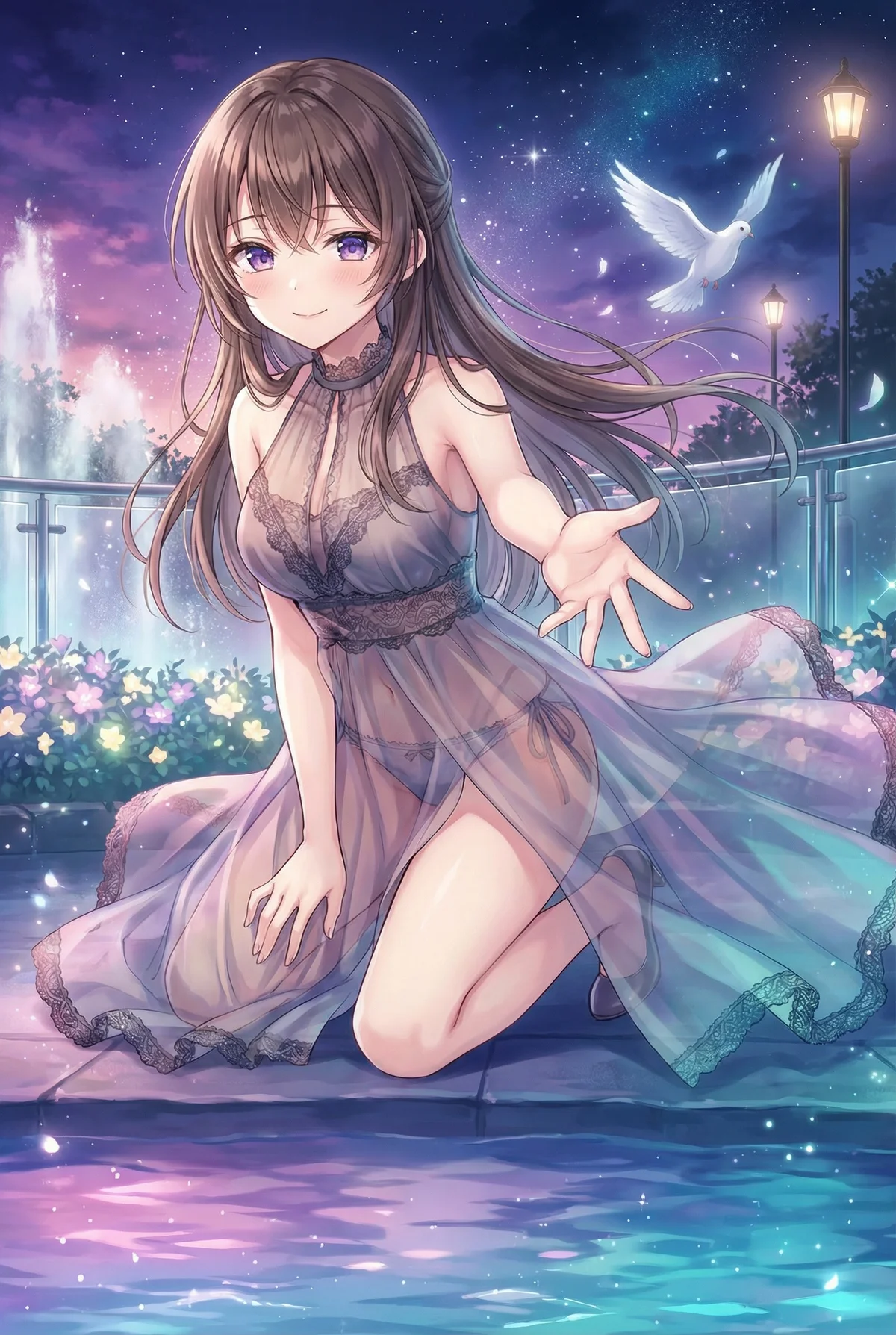 「ロシア語でデレる隣のアーリャさん」の周防有希が、星降る夜の庭園で水辺に膝をつき、優しく手を差し伸べています。透け感のある美しいドレスから水着がのぞき、幻想的な雰囲気に魅惑的な微笑みが心を奪います。