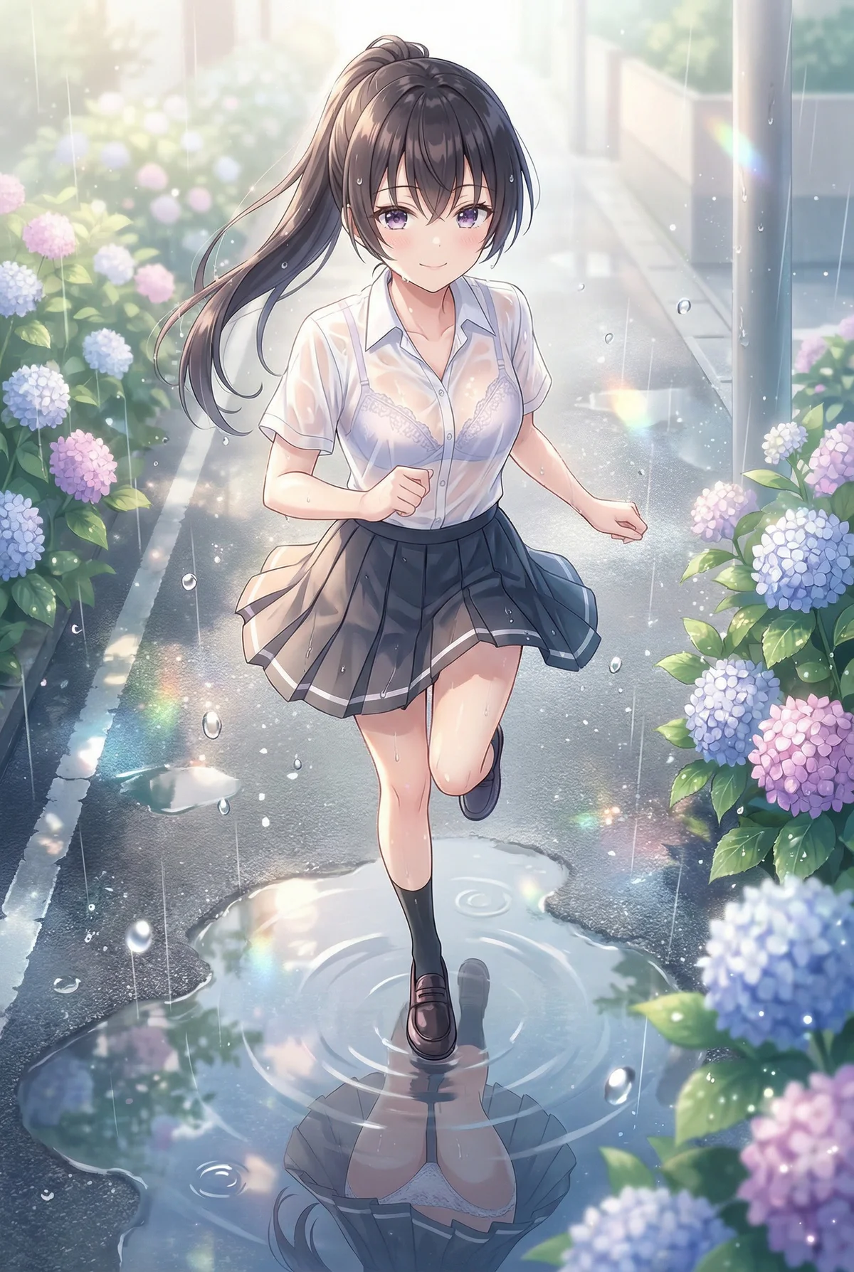 「ロシア語でデレる隣のアーリャさん」の周防有希が、雨降る紫陽花道の水たまりを避けながら駆けています。濡れて透ける制服姿と、はにかんだ笑顔が初夏の瑞々しさを感じさせる一枚です。