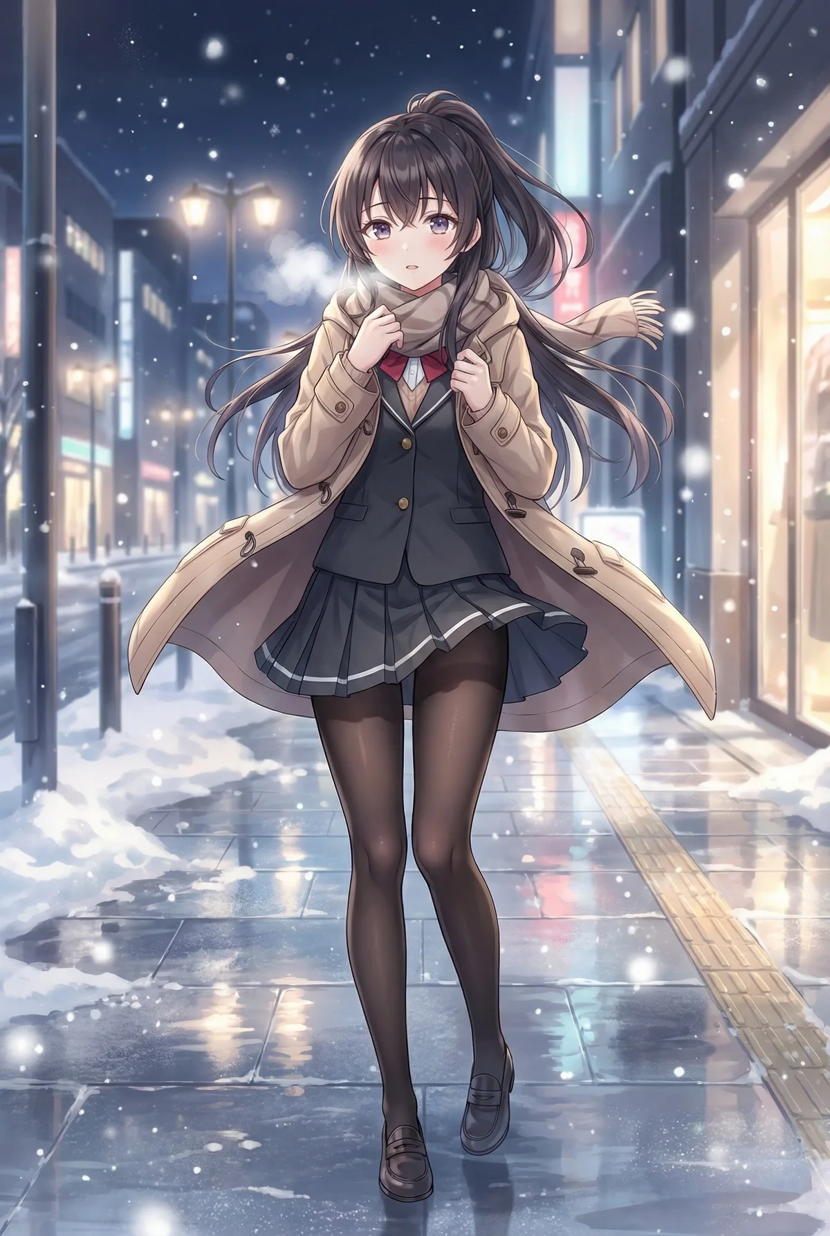 A snowy winter night. Yuuki Suou in her uniform, coat, and scarf, walking under city lights, breath visible in the cold.